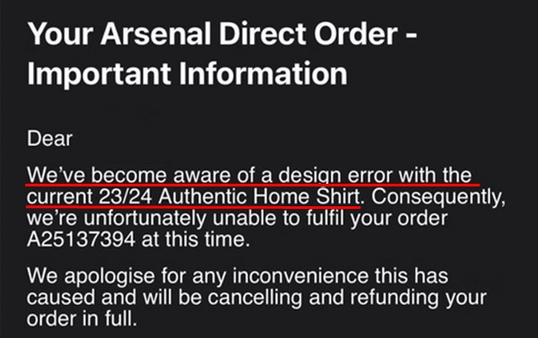 Một phần thông báo của CLB Arsenal gửi fan đã đặt áo. Ảnh: Arsenal Football Club. Một phần thông báo của CLB Arsenal gửi fan đã đặt áo. Ảnh: Arsenal Football Club.