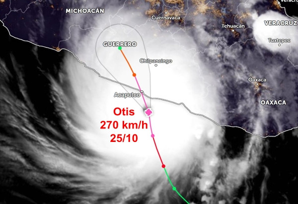 Siêu bão Otis sắp đổ bộ Mexico. Ảnh: Zoom Earth; JTWC.
