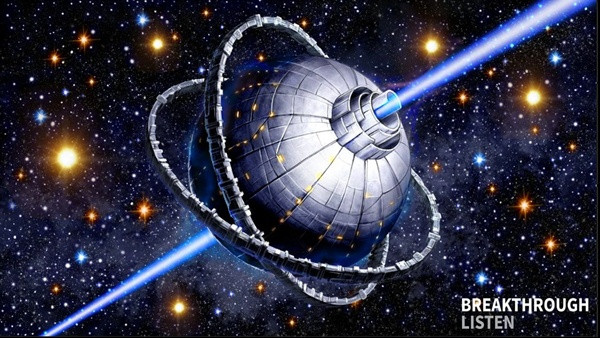 Hình mô phỏng một con tàu của người ngoài Trái Đất đang phóng những tia sáng xanh để gửi tín hiệu trong vũ trụ. Ảnh: Breakthrough Listen. Hình mô phỏng một con tàu của người ngoài Trái Đất đang phóng những tia sáng xanh để gửi tín hiệu trong vũ trụ. Ảnh: Breakthrough Listen.