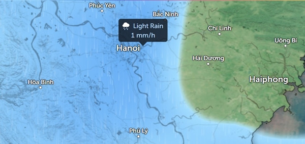 Dự báo mưa do gió mùa Đông Bắc vào sáng 6/11, những nơi có màu xanh da trời là có mưa. Ảnh: Zoom Earth, OpenStreetMap.