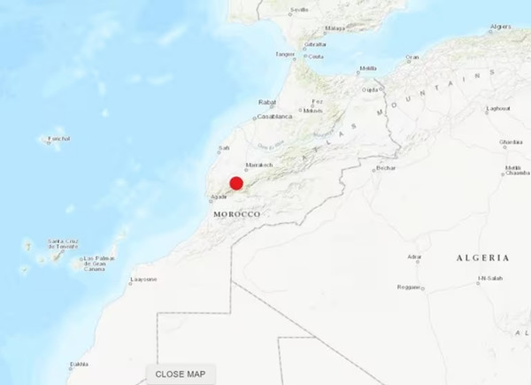 Nhiều nơi ở Algeria cũng cảm nhận được những chấn động do động đất ở Ma-rốc (chấm đỏ là tâm chấn). Ảnh: USGS. Nhiều nơi ở Algeria cũng cảm nhận được những chấn động do động đất ở Ma-rốc (chấm đỏ là tâm chấn). Ảnh: USGS.