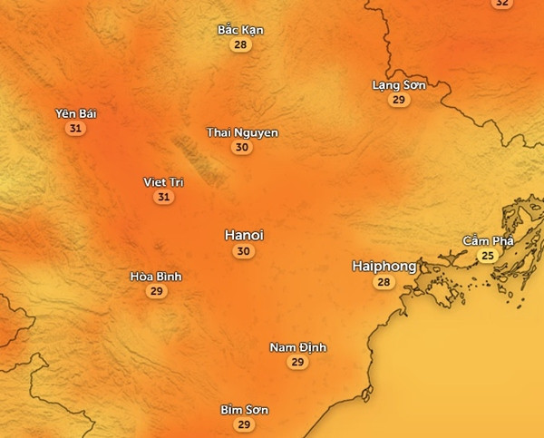 Dự báo nhiệt độ Hà Nội và một số tỉnh thành miền Bắc vào chiều ngày 11/12/2023: Hà Nội lên đến 30oC. Ảnh: Zoom Earth, OpenStreetMap.