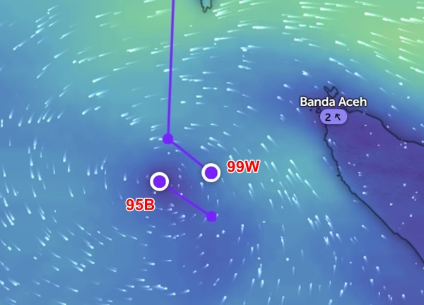 Hình ảnh gió cuộn quanh 2 áp thấp. Ảnh: Zoom Earth, OpenStreetMap. Hình ảnh gió cuộn quanh 2 áp thấp. Ảnh: Zoom Earth, OpenStreetMap.
