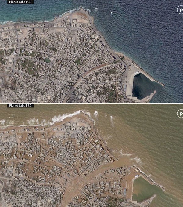 Hình ảnh ở Derna trước đây (trên) và hiện tại (dưới) cho thấy sức tàn phá của lũ lụt do bão Daniel. Ảnh: Planet Labs PBC.