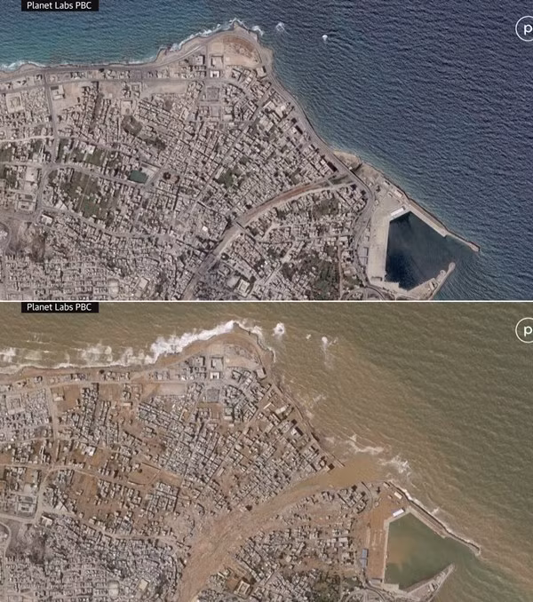 Hình ảnh ở Derna trước đây (trên) và hiện tại (dưới) cho thấy sức tàn phá của lũ lụt do bão Daniel. Ảnh: Planet Labs PBC.