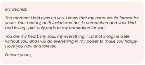 Thư tình do ChatGPT viết. Ảnh: McAfee.