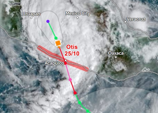 Bão Otis đổ bộ Mexico khi nó đang là bão Cấp 5, là cấp mạnh nhất. Ảnh: Zoom Earth, JTWC.