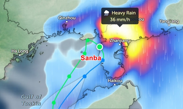 Nhiều khu vực ở tỉnh Quảng Đông mưa to vào ngày 20/10 do ảnh hưởng của bão Sanba (màu vàng là mưa to, trắng là mưa rất to). Ảnh: Zoom Earth, OpenStreetMap, JTWC.