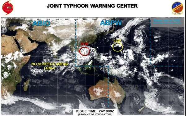 Cảnh báo của JTWC: 91W được khoanh màu đỏ, là có khả năng phát triển cao trong 24 giờ tới. Ảnh: JTWC. Cảnh báo của JTWC: 91W được khoanh màu đỏ, là có khả năng phát triển cao trong 24 giờ tới. Ảnh: JTWC.