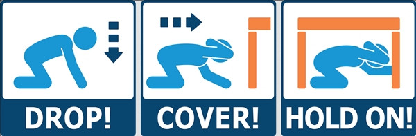 Cách hành động khi có động đất: Cúi thấp, che chắn, bám chặt. Ảnh: Earthquake Country.