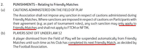 Quy định được đăng trên trang TheFA của Liên đoàn Bóng đá Anh về các hình phạt trong các trận đấu giao hữu. (Ảnh chụp màn hình). Quy định được đăng trên trang TheFA của Liên đoàn Bóng đá Anh về các hình phạt trong các trận đấu giao hữu. (Ảnh chụp màn hình).