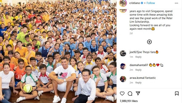 Ronaldo cũng đã thông báo trên trang cá nhân về việc sẽ đến Singapore vào tháng sau. (Ảnh chụp màn hình Instagram). Ronaldo cũng đã thông báo trên trang cá nhân về việc sẽ đến Singapore vào tháng sau. (Ảnh chụp màn hình Instagram).