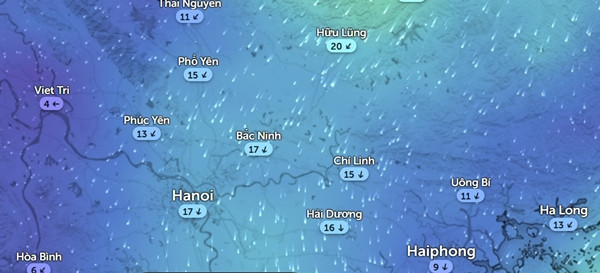 Dự báo gió mùa Đông Bắc sẽ khá mạnh vào 9h sáng ngày 13/11. Ảnh: Zoom Earth, OpenStreetMap. Dự báo gió mùa Đông Bắc sẽ khá mạnh vào 9h sáng ngày 13/11. Ảnh: Zoom Earth, OpenStreetMap.