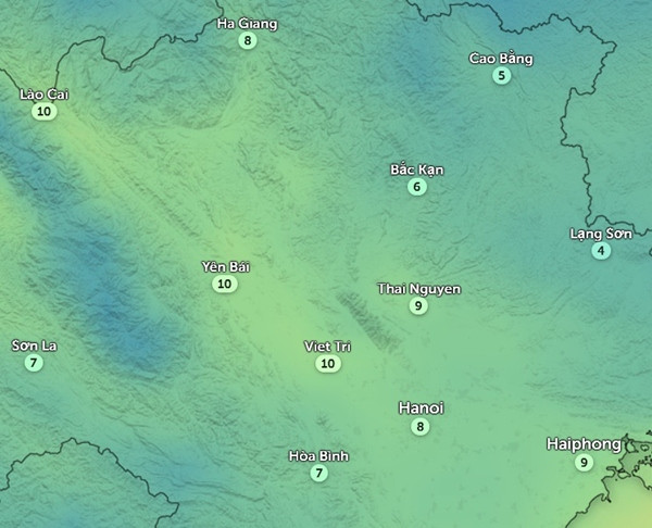 Dự báo nhiệt độ Hà Nội và một số tỉnh thành khác (nhiệt độ thực cảm thấy ở ngoài trời) lúc 6h sáng thứ Sáu, 22/12. Ảnh: Zoom Earth, OpenStreetMap.