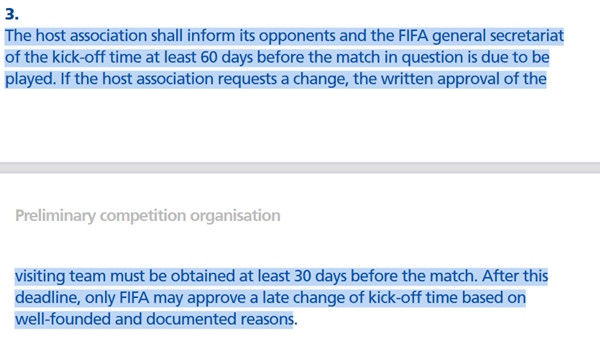 Quy định của FIFA về việc nước chủ nhà đổi giờ thi đấu, nhưng đây là quy định dành cho giải đấu lớn nhất thế giới (World Cup). (Ảnh chụp màn hình FIFA.com).