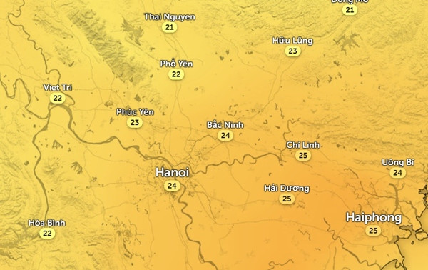 Dự báo nhiệt độ ở Hà Nội và một số tỉnh thành miền Bắc chiều ngày 5/12. Ảnh: Zoom Earth, OpenStreetMap. Dự báo nhiệt độ ở Hà Nội và một số tỉnh thành miền Bắc chiều ngày 5/12. Ảnh: Zoom Earth, OpenStreetMap.