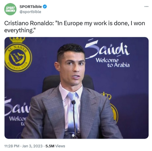 Khi sang Ả Rập, Ronaldo nói công việc của anh ở châu Âu đã xong. (Ảnh chụp màn hình Twitter). Khi sang Ả Rập, Ronaldo nói công việc của anh ở châu Âu đã xong. (Ảnh chụp màn hình Twitter).