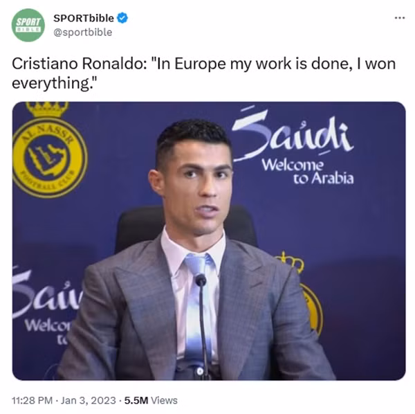 Khi sang Ả Rập, Ronaldo nói công việc của anh ở châu Âu đã xong. (Ảnh chụp màn hình Twitter).