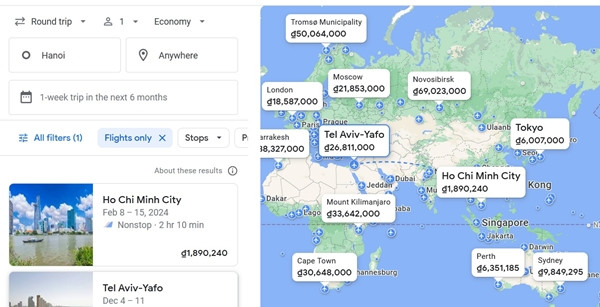 Rất nhiều điểm đến với giá vé tốt sẽ hiện ra, bạn cũng có thể phóng to để nhìn thấy nhiều điểm đến hơn. (Ảnh chụp màn hình).
