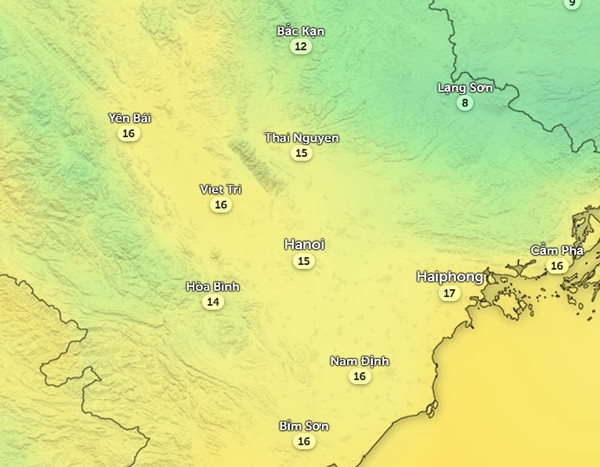 Dự báo nhiệt độ Hà Nội và một số tỉnh thành miền Bắc vào 8h sáng mai, 19/12. Ảnh: Zoom Earth, OpenStreetMap. Dự báo nhiệt độ Hà Nội và một số tỉnh thành miền Bắc vào 8h sáng mai, 19/12. Ảnh: Zoom Earth, OpenStreetMap.