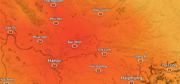 Nhiệt độ thực ngoài trời lúc trưa 12/11. Ảnh: Zoom Earth, OpenStreetMap. Nhiệt độ thực ngoài trời lúc trưa 12/11. Ảnh: Zoom Earth, OpenStreetMap.