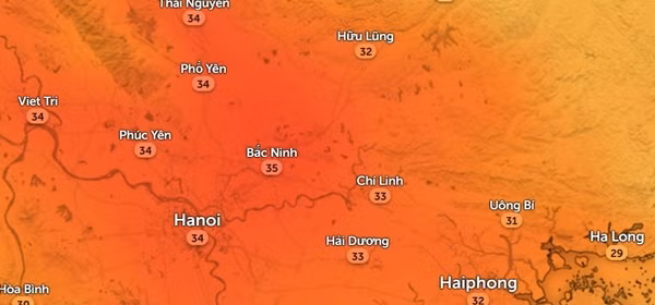 Nhiệt độ thực ngoài trời lúc trưa 12/11. Ảnh: Zoom Earth, OpenStreetMap.