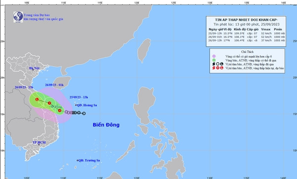 Dự báo của nước ta vào chiều nay. Ảnh: Trung tâm Dự báo Khí tượng Thủy văn Quốc gia.