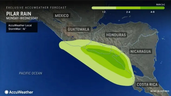 Những vùng bị mưa từ ngày thứ Hai đến thứ Tư tuần này do bão Pilar (màu xanh càng đậm là càng mưa to). Ảnh: AccuWeather. Những vùng bị mưa từ ngày thứ Hai đến thứ Tư tuần này do bão Pilar (màu xanh càng đậm là càng mưa to). Ảnh: AccuWeather.