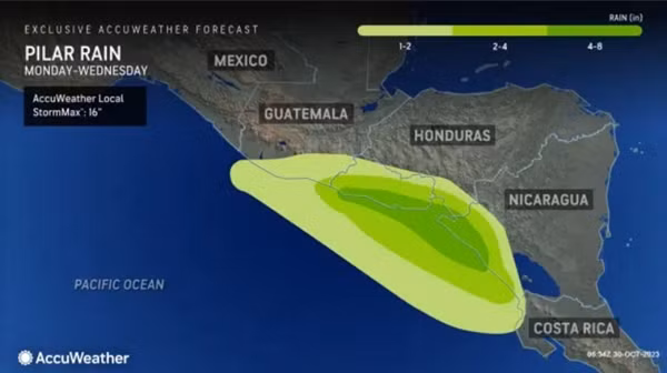 Những vùng bị mưa từ ngày thứ Hai đến thứ Tư tuần này do bão Pilar (màu xanh càng đậm là càng mưa to). Ảnh: AccuWeather.