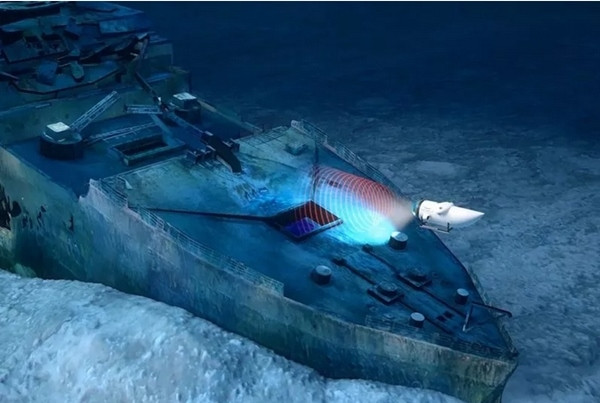 Hình minh họa tàu Titan tham quan xác tàu Titanic. Ảnh: OceanGate.