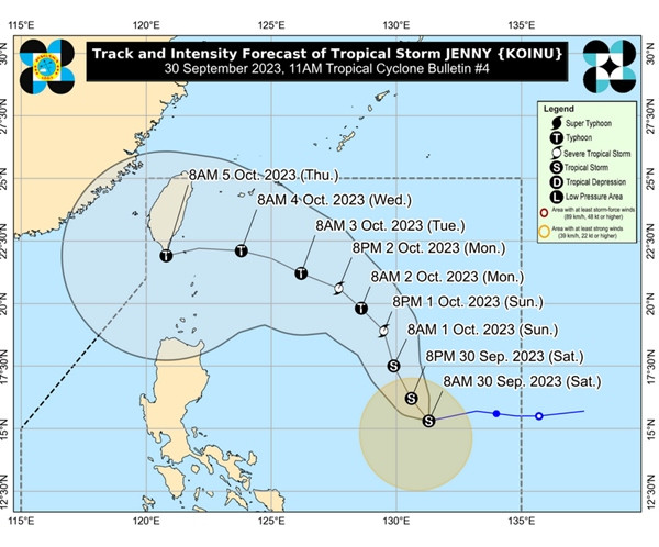 Dự báo vào trưa nay của PAGASA: Bão Koinu (Jenny) có thể tiến vào Biển Đông sau ngày 5/10 khi đang ở cấp độ bão cực mạnh. Ảnh: PAGASA. Dự báo vào trưa nay của PAGASA: Bão Koinu (Jenny) có thể tiến vào Biển Đông sau ngày 5/10 khi đang ở cấp độ bão cực mạnh. Ảnh: PAGASA.