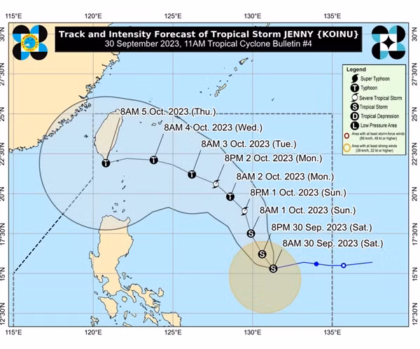 Dự báo vào trưa nay của PAGASA: Bão Koinu (Jenny) có thể tiến vào Biển Đông sau ngày 5/10 khi đang ở cấp độ bão cực mạnh. Ảnh: PAGASA.