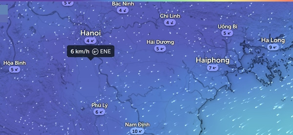 Gió mùa Đông Bắc về Hà Nội và các tỉnh thành phía Bắc nước ta vào sáng 6/11. Ảnh: Zoom Earth, OpenStreetMap.