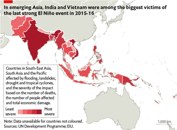Ấn Độ và Việt Nam là 2 trong số những nước châu Á chịu ảnh hưởng nặng nề của đợt El Nino mạnh vào năm 2015 - 2016. Ảnh: Chương trình Phát triển Liên Hợp Quốc; EIU. Ấn Độ và Việt Nam là 2 trong số những nước châu Á chịu ảnh hưởng nặng nề của đợt El Nino mạnh vào năm 2015 - 2016. Ảnh: Chương trình Phát triển Liên Hợp Quốc; EIU.