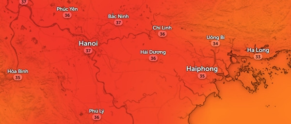 Dự báo nhiệt độ ở Hà Nội và một số tỉnh thành phía Bắc nước ta vào 14h ngày Chủ Nhật, 5/11. Ảnh: Zoom Earth, OpenStreetMap.