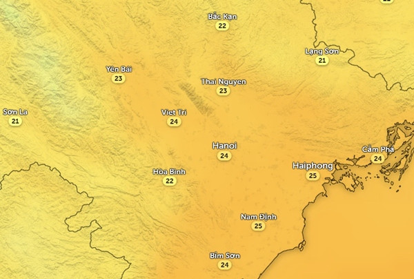 Nhiệt độ lúc 9h sáng 30/11. Ảnh: Zoom Earth, OpenStreetMap. Nhiệt độ lúc 9h sáng 30/11. Ảnh: Zoom Earth, OpenStreetMap.