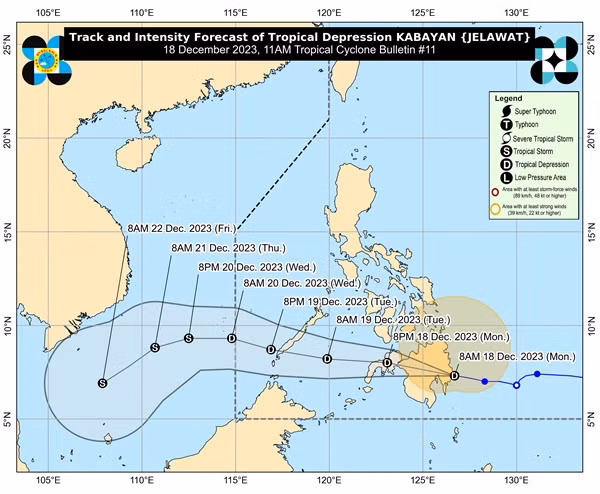 Dự báo của PAGASA lúc 11h hôm nay (giờ địa phương, là 10h sáng 18/12, theo giờ Việt Nam). Ảnh: PAGASA. Dự báo của PAGASA lúc 11h hôm nay (giờ địa phương, là 10h sáng 18/12, theo giờ Việt Nam). Ảnh: PAGASA.