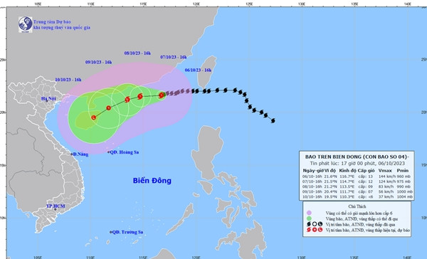 Dự báo về bão số 4 của nước ta vào chiều tối nay. Ảnh: Trung tâm Dự báo Khí tượng Thủy văn Quốc gia. Dự báo về bão số 4 của nước ta vào chiều tối nay. Ảnh: Trung tâm Dự báo Khí tượng Thủy văn Quốc gia.