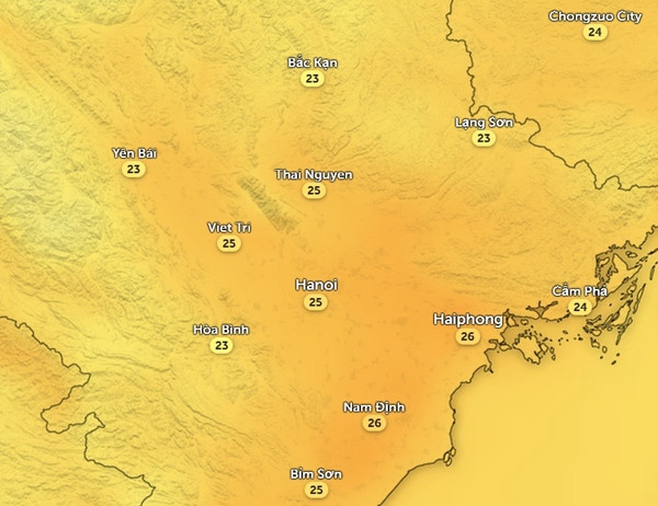 Dự báo nhiệt độ ở Hà Nội và một số tỉnh thành miền Bắc vào chiều mai, 7/12. Ảnh: Zoom Earth, OpenStreetMap.