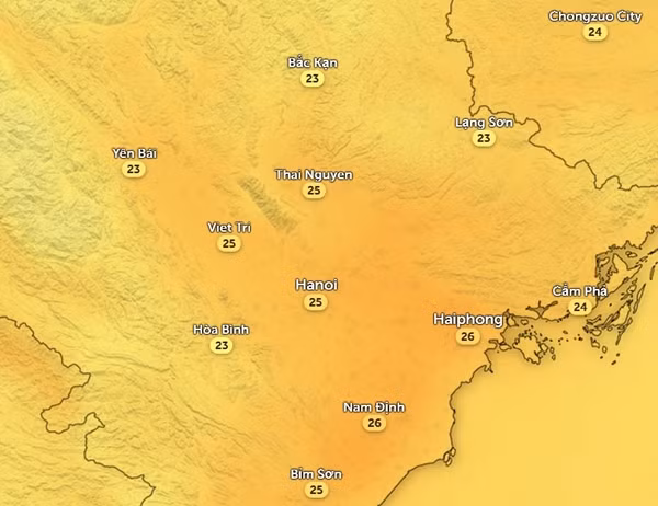 Dự báo nhiệt độ ở Hà Nội và một số tỉnh thành miền Bắc vào chiều mai, 7/12. Ảnh: Zoom Earth, OpenStreetMap. Dự báo nhiệt độ ở Hà Nội và một số tỉnh thành miền Bắc vào chiều mai, 7/12. Ảnh: Zoom Earth, OpenStreetMap.