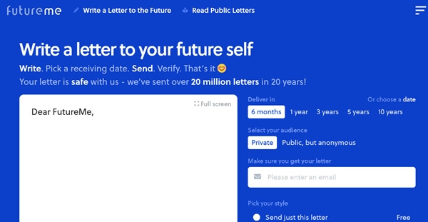 Trang web mà Michelle đã dùng để gửi thư cho mình ở tương lai. (Ảnh chụp màn hình).