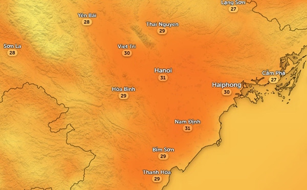 Dự báo nhiệt độ Hà Nội và một số tỉnh thành miền Bắc vào chiều mai, 14/12. Ảnh: Zoom Earth, OpenStreetMap. Dự báo nhiệt độ Hà Nội và một số tỉnh thành miền Bắc vào chiều mai, 14/12. Ảnh: Zoom Earth, OpenStreetMap.