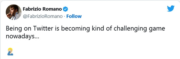 Những người cần liên tục cập nhật thông tin như phóng viên Romano tỏ ra chán ngán. (Ảnh chụp màn hình Twitter). Những người cần liên tục cập nhật thông tin như phóng viên Romano tỏ ra chán ngán. (Ảnh chụp màn hình Twitter).