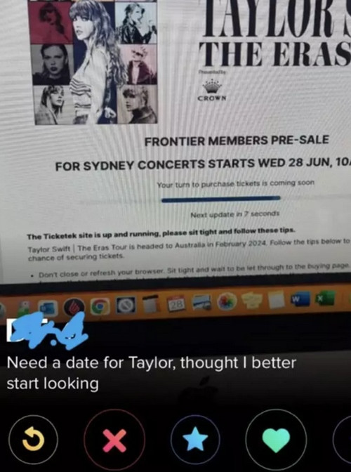 Bây giờ có vé concert Taylor Swift là một lợi thế trên Tinder?! Ảnh: Facebook. Bây giờ có vé concert Taylor Swift là một lợi thế trên Tinder?! Ảnh: Facebook.