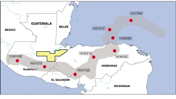 Đường đi của bão Mitch ở Trung Mỹ từ 26/10 đến 1/11/1998: Những hình tròn đỏ là những vị trí của mắt bão ở thời điểm ghi kèm (tháng/ ngày/ giờ). Ảnh: Researchgate.