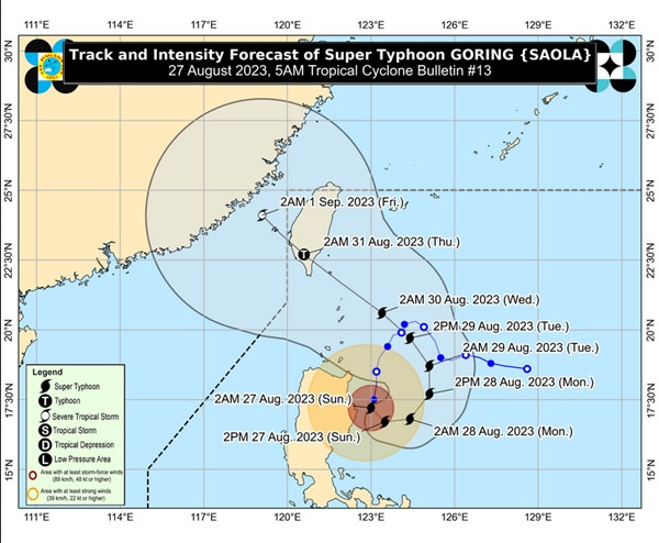 PAGASA xác nhận Saola đã thành siêu bão (ký hiệu là hình xoáy ốc màu đen). Ảnh: PAGASA. PAGASA xác nhận Saola đã thành siêu bão (ký hiệu là hình xoáy ốc màu đen). Ảnh: PAGASA.