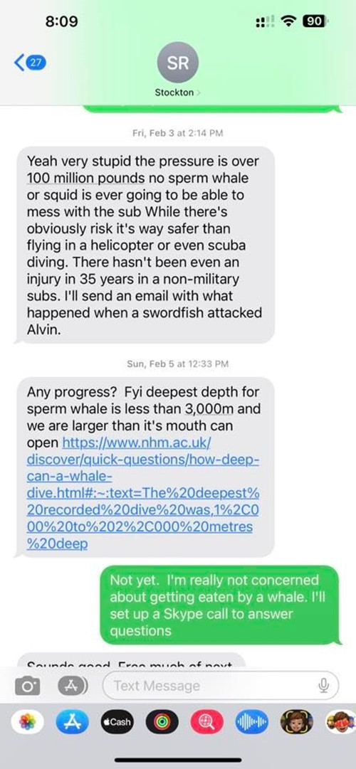 Ông Rush khẳng định, cá nhà táng không thể xuống sâu hơn 3.000 mét, và tàu Titan to hơn mức cá voi có thể mở miệng mà cắn. Ảnh: Jay Bloom.