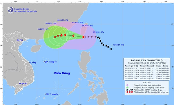 Dự báo sáng 5/10 của nước ta về đường đi của bão Koinu. Ảnh: Trung tâm Dự báo Khí tượng Thủy văn Quốc gia. Dự báo sáng 5/10 của nước ta về đường đi của bão Koinu. Ảnh: Trung tâm Dự báo Khí tượng Thủy văn Quốc gia.