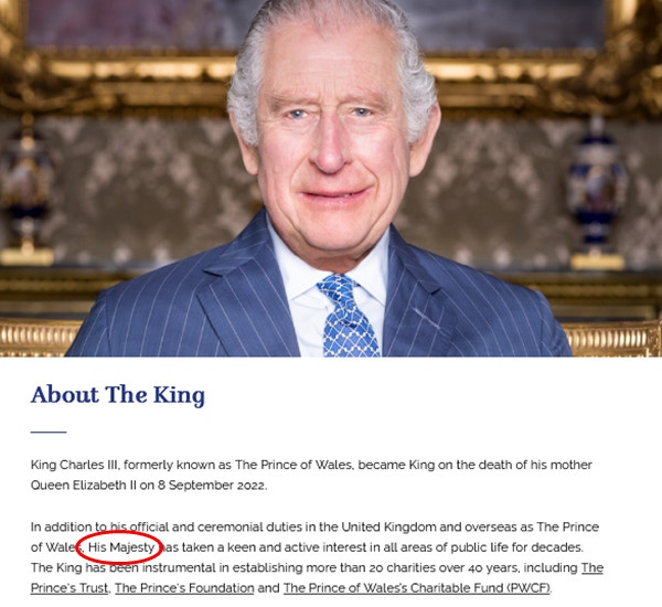 Trên trang web chính thức của Hoàng gia Anh, Vua Charles III cũng được nhắc đến với cụm từ "His Majesty". (Ảnh chụp màn hình).