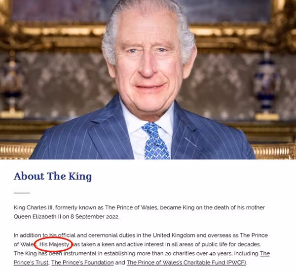 Trên trang web chính thức của Hoàng gia Anh, Vua Charles III cũng được nhắc đến với cụm từ "His Majesty". (Ảnh chụp màn hình).
